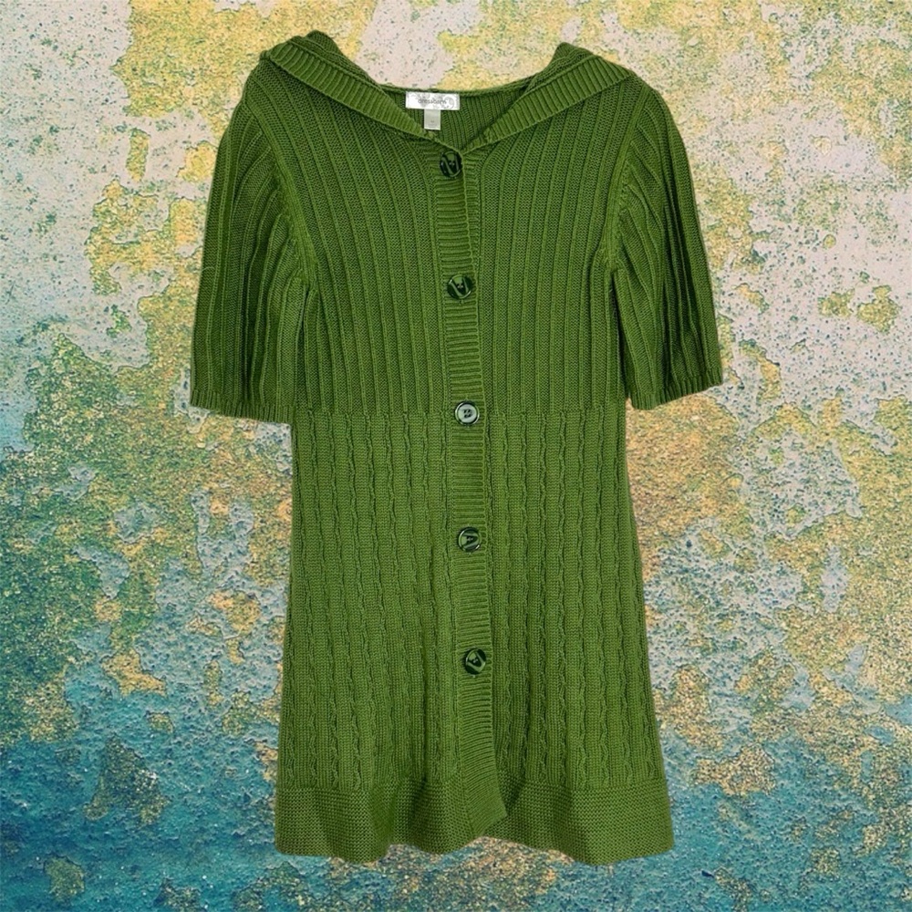 dressbarn Olive Green Cable Knit Short Sleeve Button Front Hooded Cardigan M